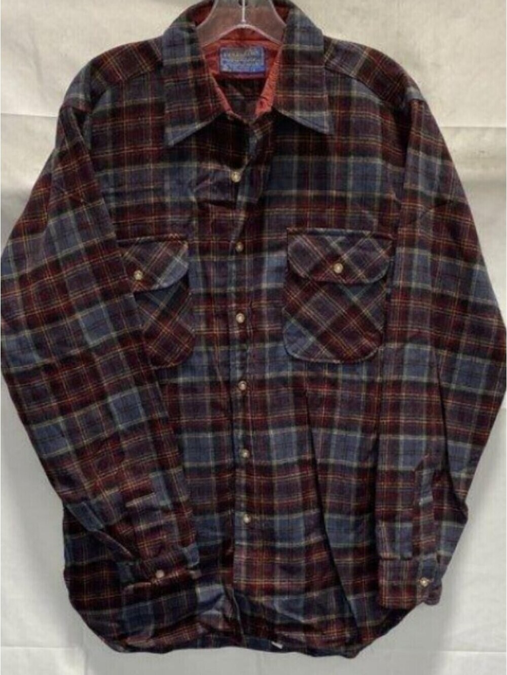 Pendleton Mens M 100 Virgin Wool Plaid Shirt Made in USA Blue Burgundy